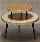 Vintage Original Round 2-Tier TILED MOSAIC TABLE 1950s-1960s Wood Grain Laminate